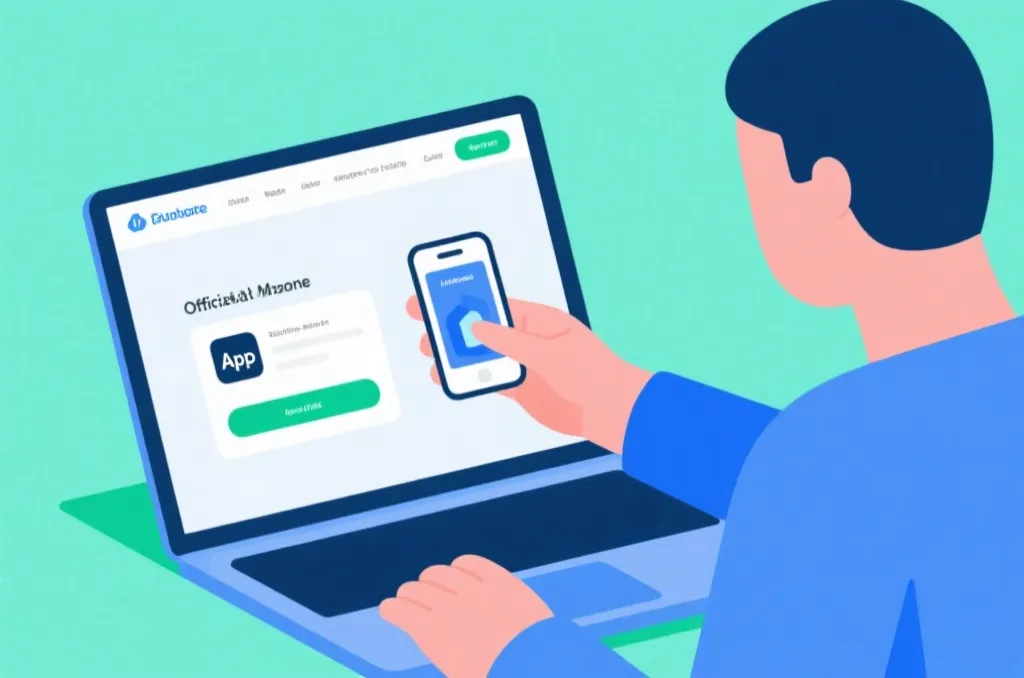 用户在笔记本电脑上安全下载官方App的扁平插画